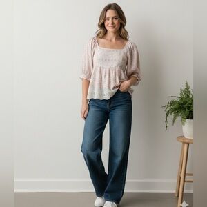 Olivaceous‎ Pink Floral Lace Blouse Eyelet Trim Hobo Retro Size Large